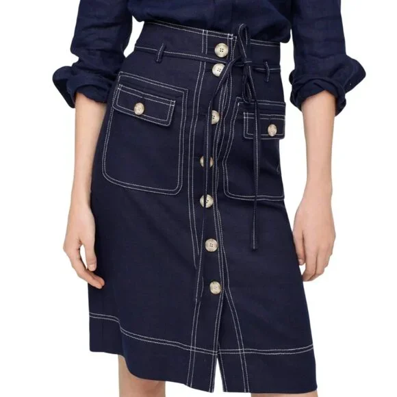 NWT JCrew Button Up Skirt Womens 8 T Tall Navy Blue Straight Stretch Linen NEW - Picture 3 of 15